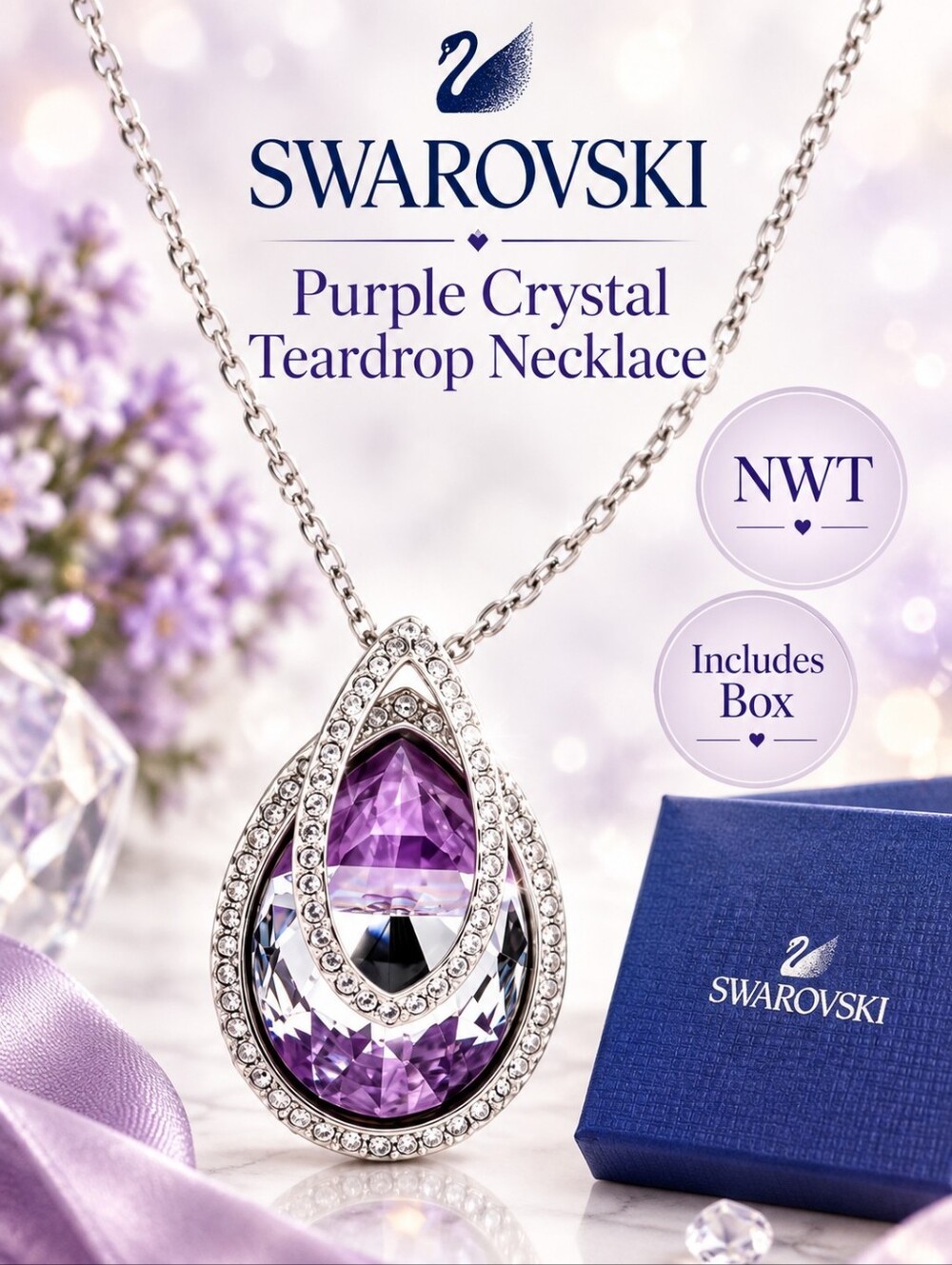Swarovski Purple Amethyst Crystal Teardrop Pendant Necklace